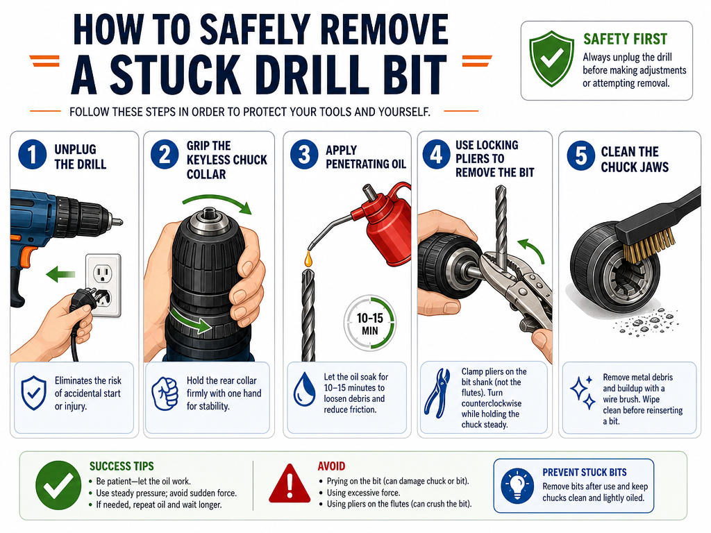 Step-by-step infographic for safely removing a stuck drill bit from a chuck.