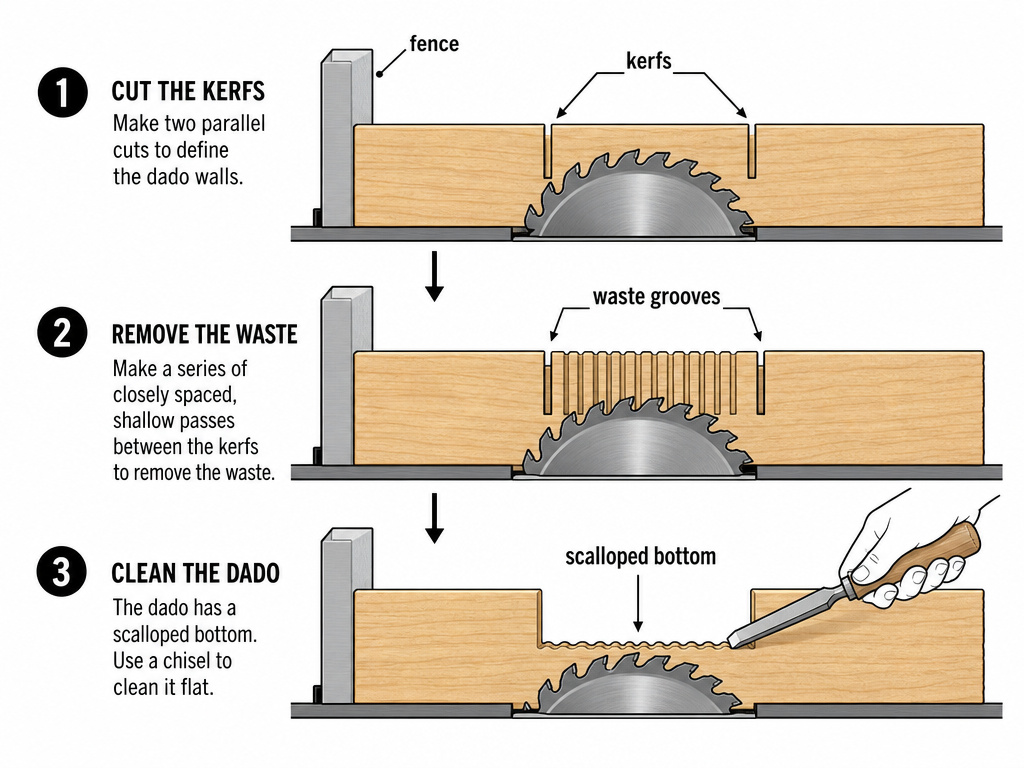Cutting a dado with a single table saw blade using multiple passes diagram.