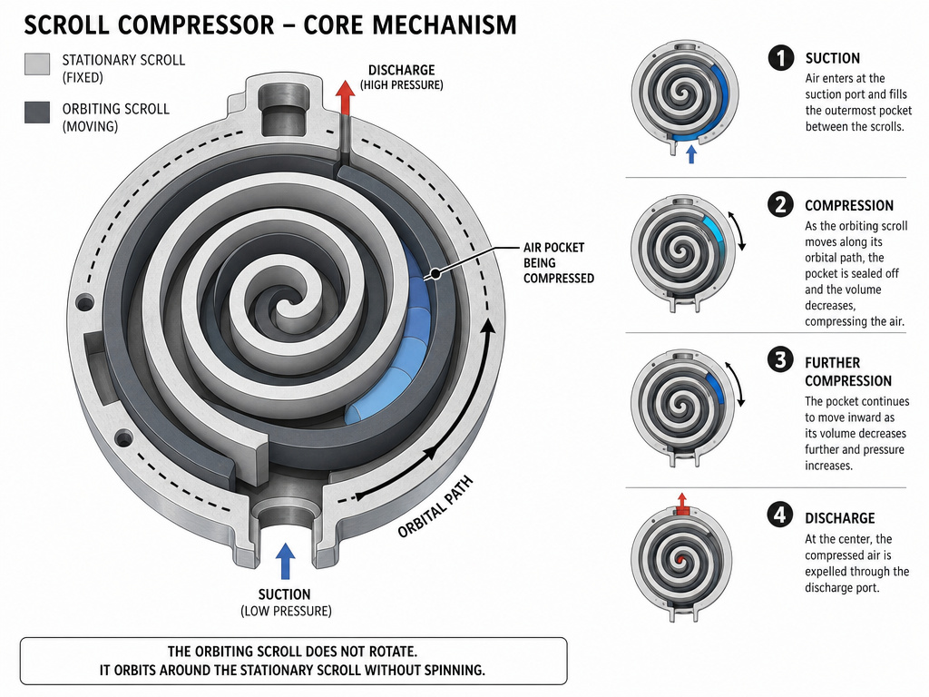 Diagram of a scroll compressor mechanism showing two interleaving spiral scrolls.