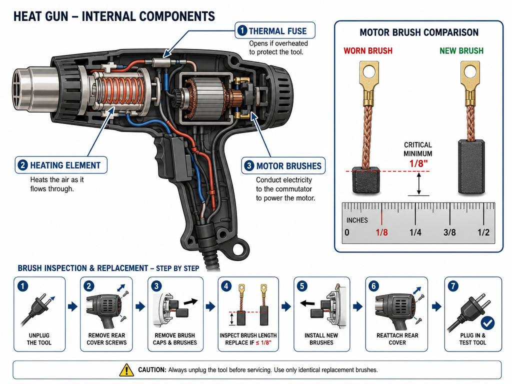 Cross-section diagram of a heat gun showing thermal fuse, heating element, and motor brushes.