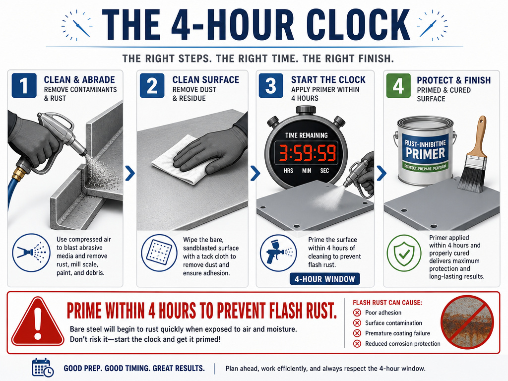 Infographic showing the four critical steps to take after sandblasting rust off metal.