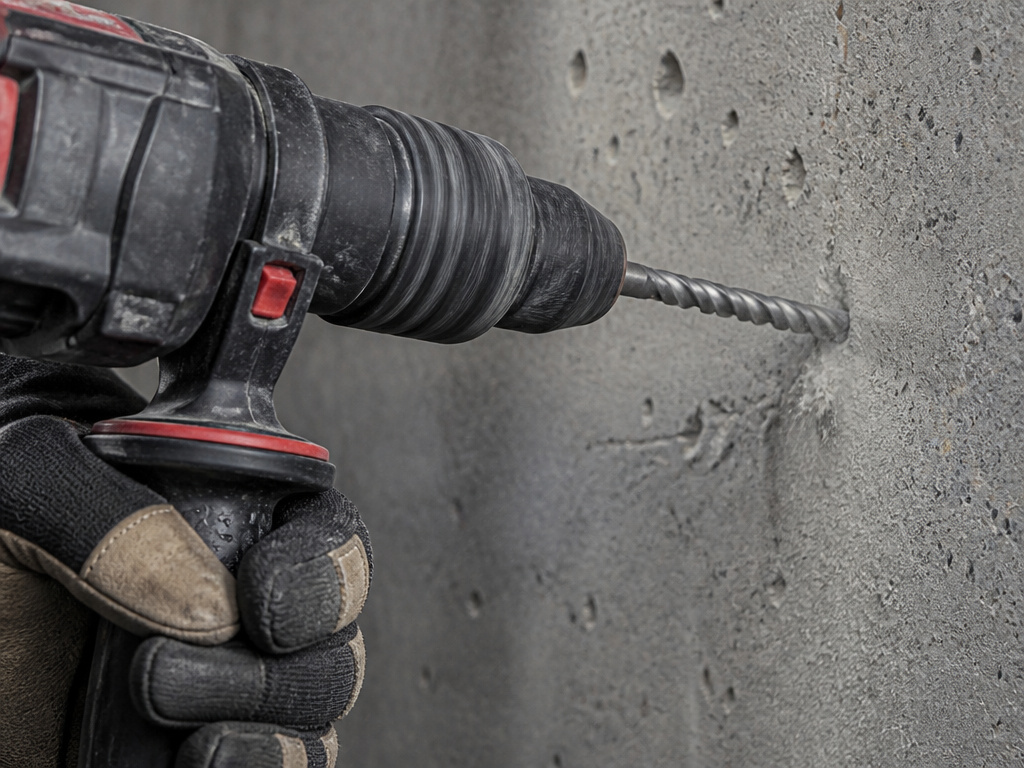 Rotary hammer drilling into concrete in an industrial setting.