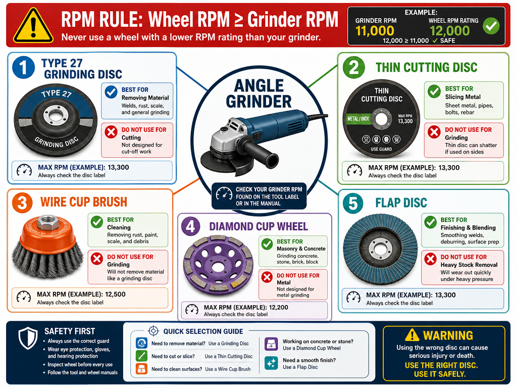 Infographic comparing angle grinder disc types, uses, and safety warnings.