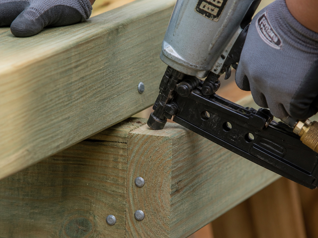 Framing nailer driving a galvanized nail into pressure-treated deck joist.