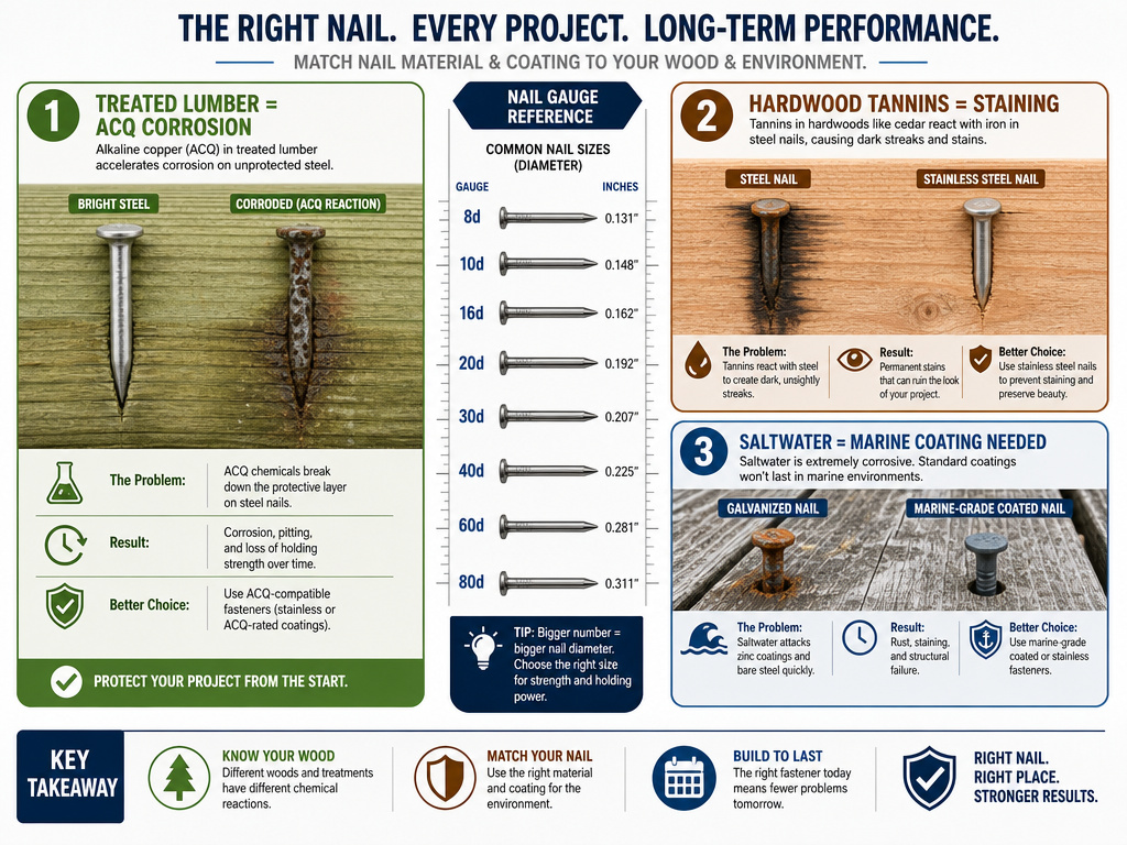 Infographic on nail material rules for treated lumber, hardwood, and saltwater.