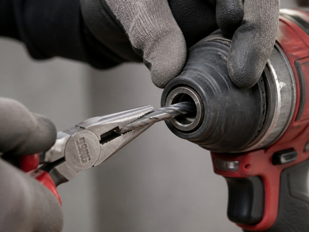 Using pliers to carefully remove a stuck bit from an impact driver chuck.
