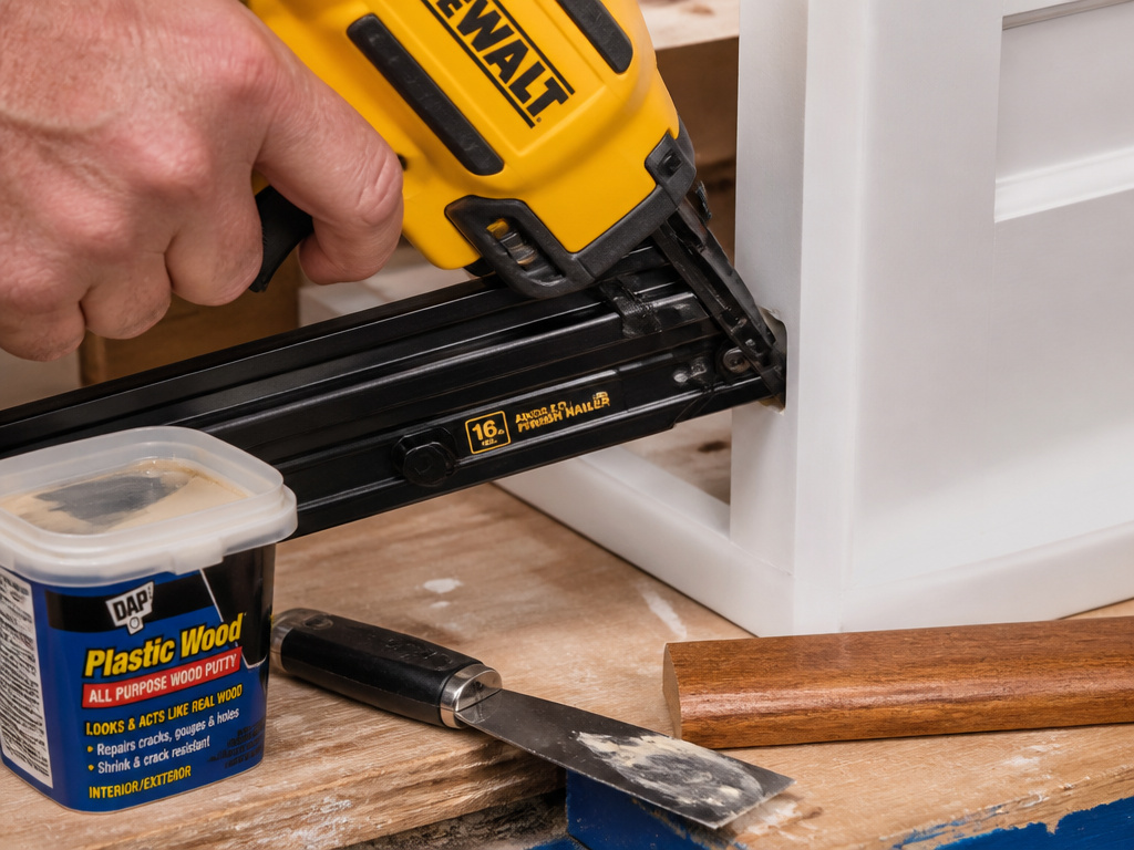 16-gauge finish nailer driving a nail into cabinet trim for easy putty fill.