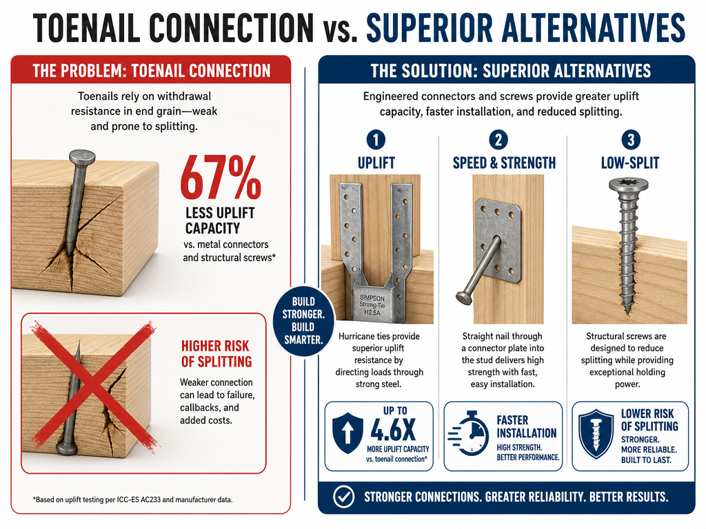 When not to toenail: infographic comparing strength and better fastening alternatives.