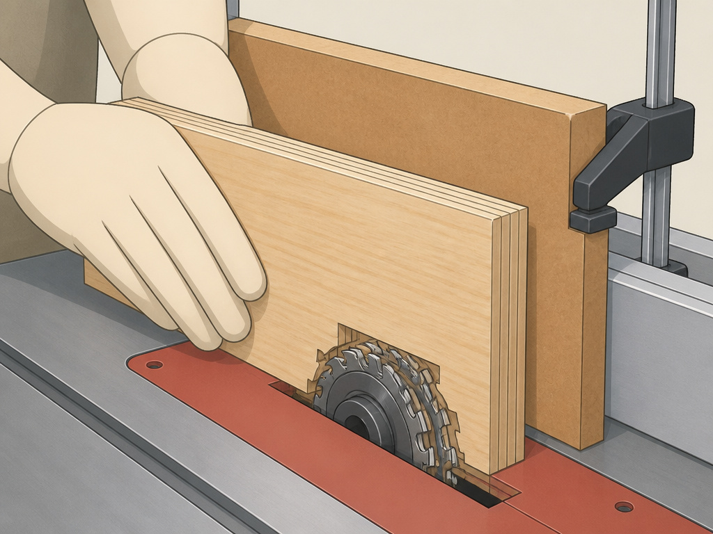 Preventing plywood tear-out with a sacrificial backer board on a table saw.