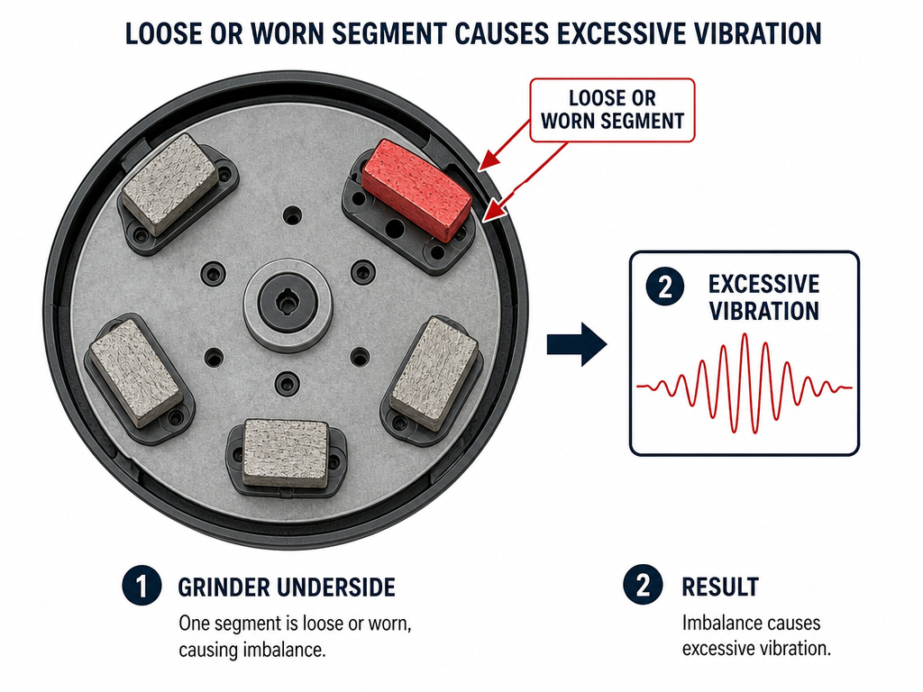 Diagram troubleshooting concrete grinder vibration from a loose diamond segment.