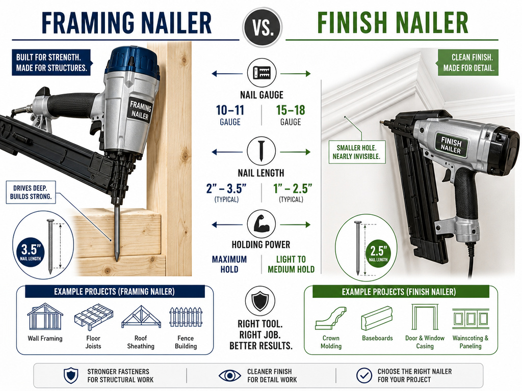 Visual guide comparing framing nailer and finish nailer uses for construction projects.