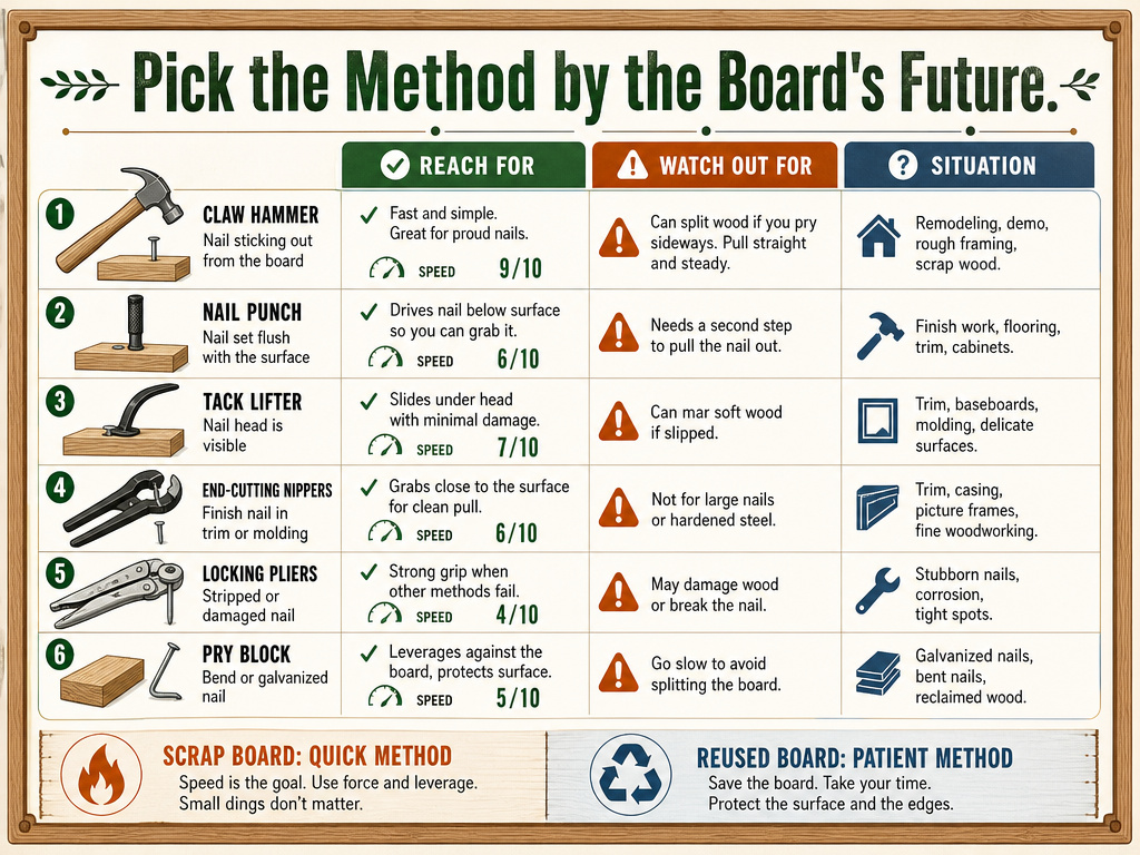 Chart comparing the best nail removal method for each wood situation
