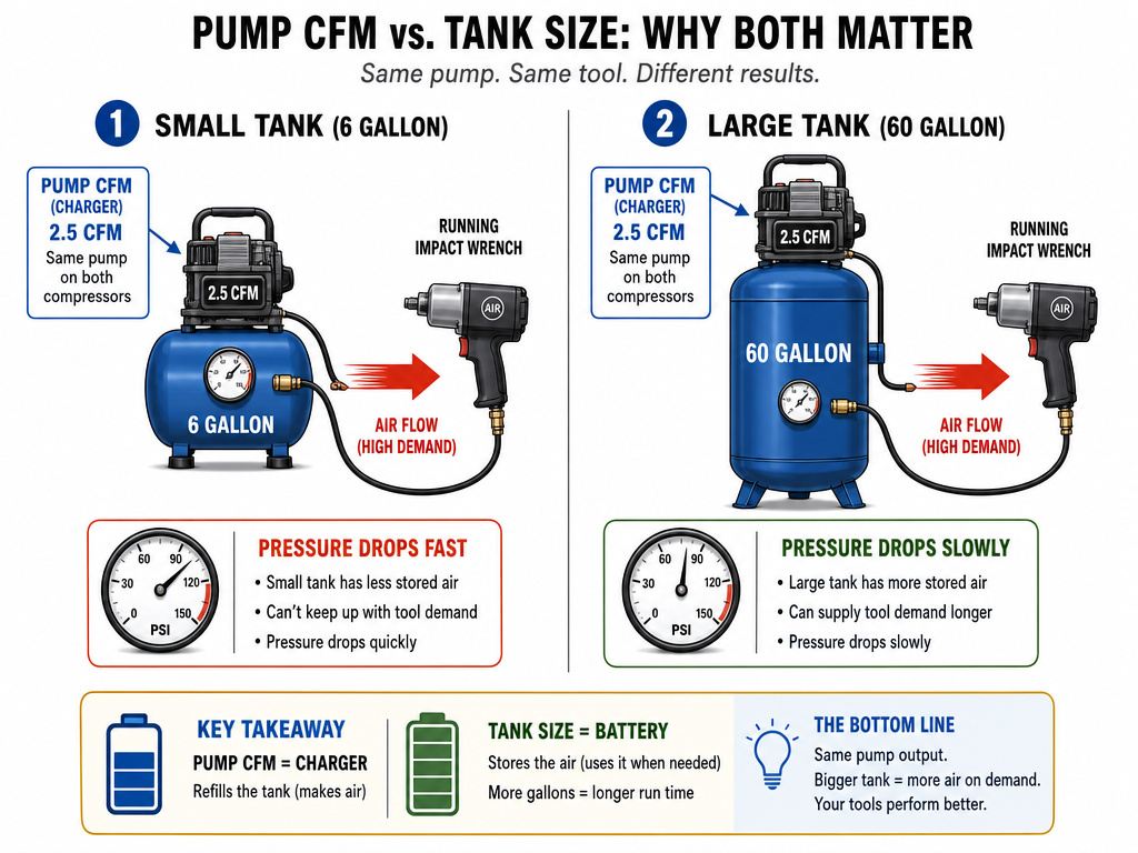 Diagram comparing air compressor tank size as a buffer versus pump CFM power.