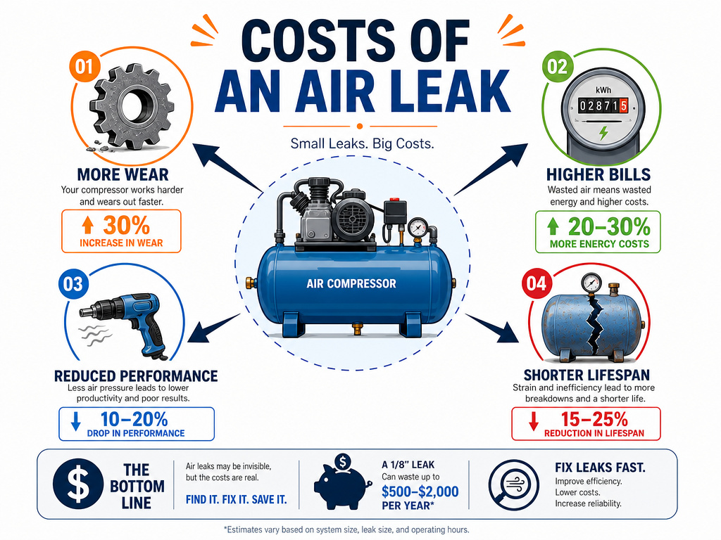 Infographic showing the costly consequences of an air compressor leak.