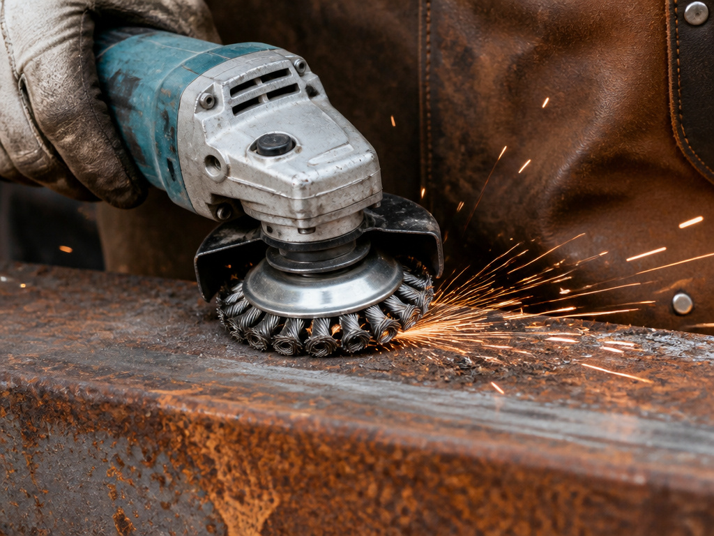 Close-up of an angle grinder using a wire cup brush to clean rust from metal.